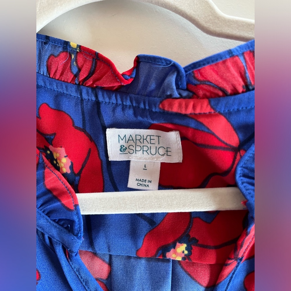 Market & Spruce Jeanie Ruffle Detail Dress-sleeveless red/blue floral size L - Picture 2 of 6